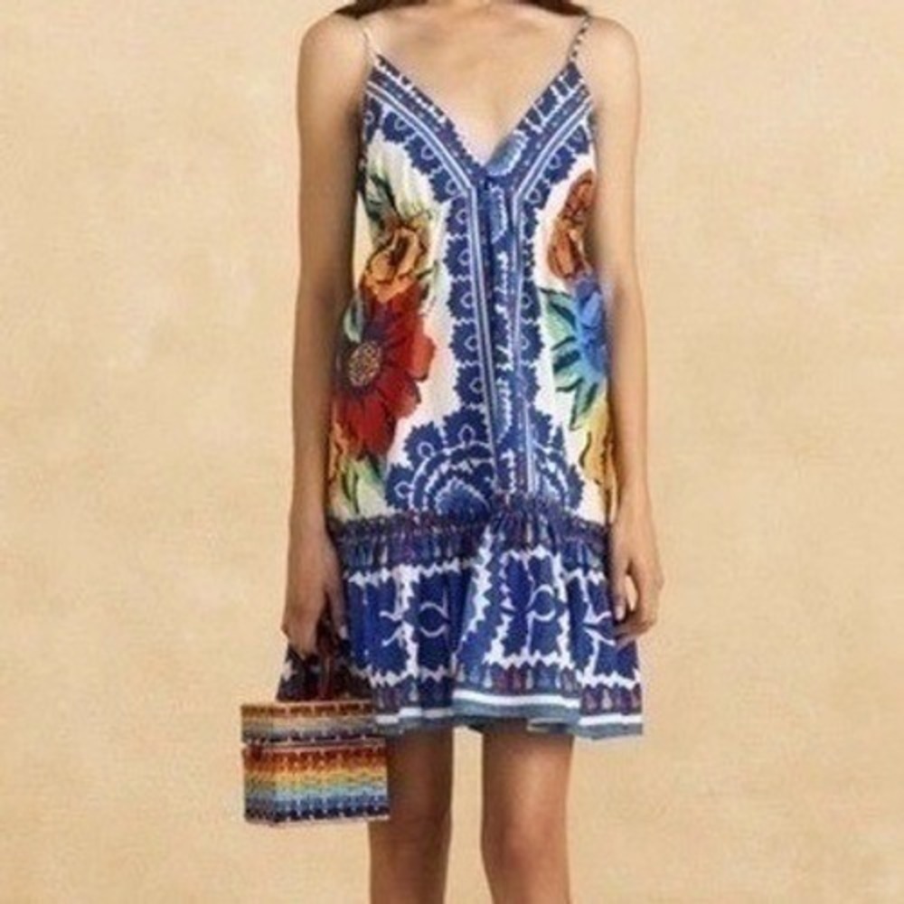 FARM Rio Mini Dress White Blue Floral V-Neck Tie Back Beads - XL NWOT
